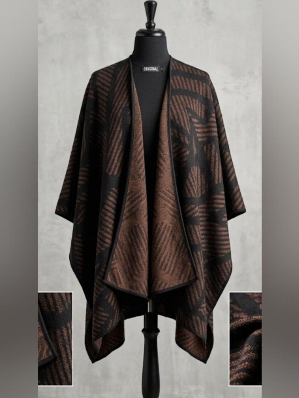 Nicole Miller Geometric Cape in Black & Brown Like New (Free Size) Cozy Fall